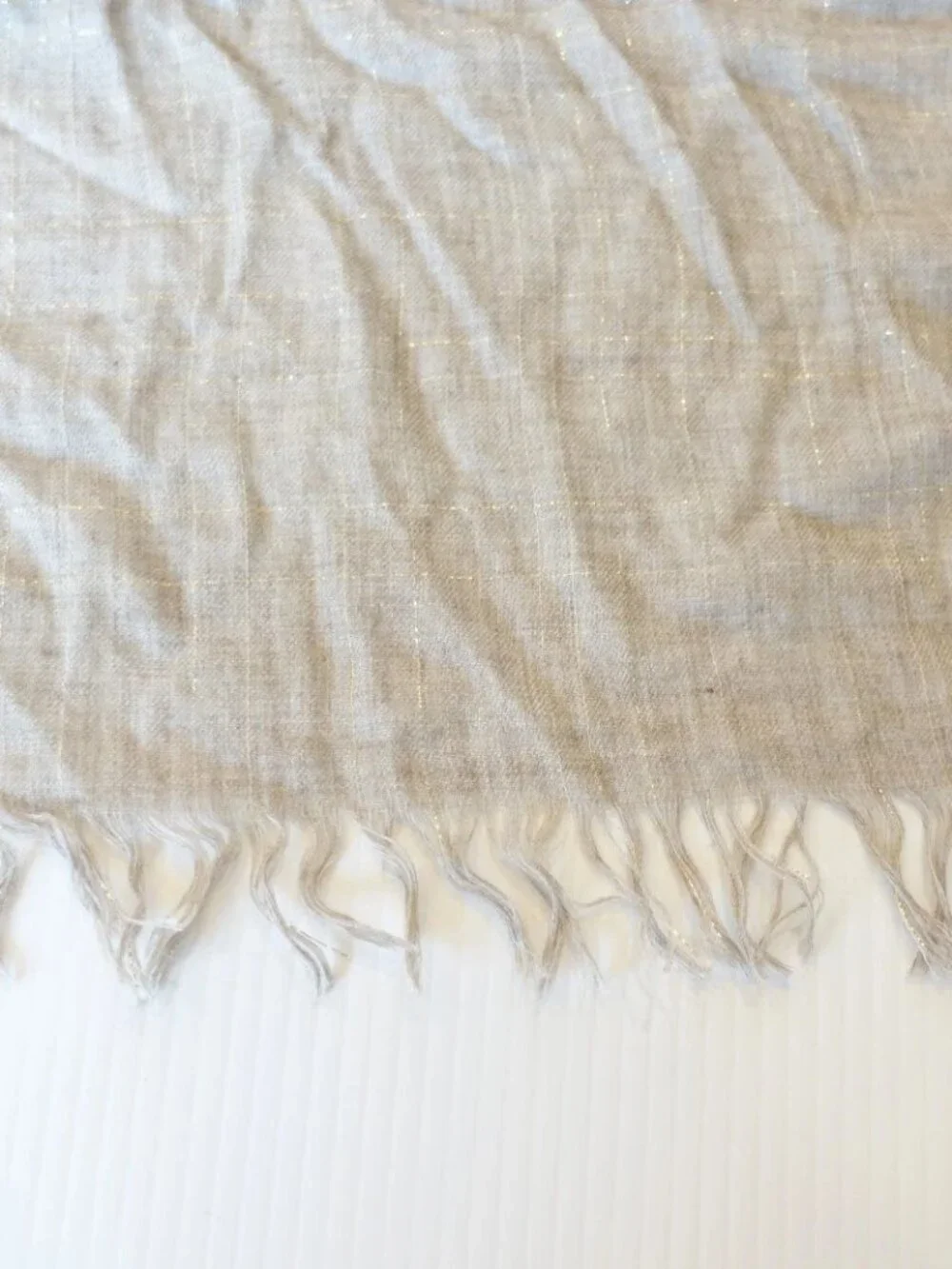 EILEEN FISHER Natural Modal Melange Glimmer Plaid Fringe Rectangle Wrap Scarf - Picture 4 of 4